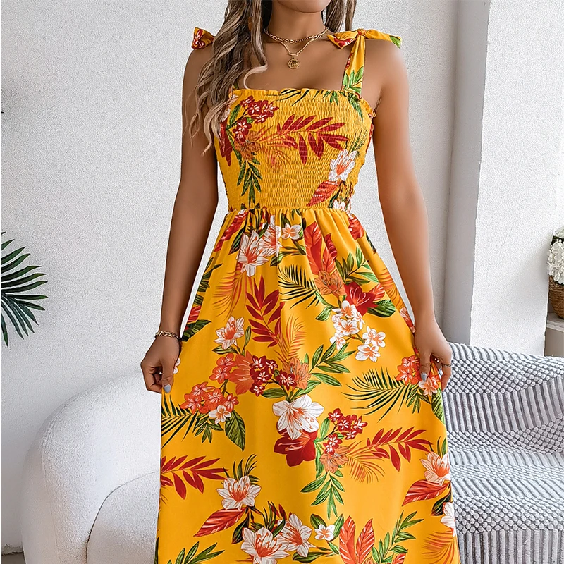 Abito lungo Boho estivo da donna elegante Colletto quadrato sexy Stampa floreale Vacanza Spiaggia Cami Vestito estivo Abiti maxi con cinturino casual