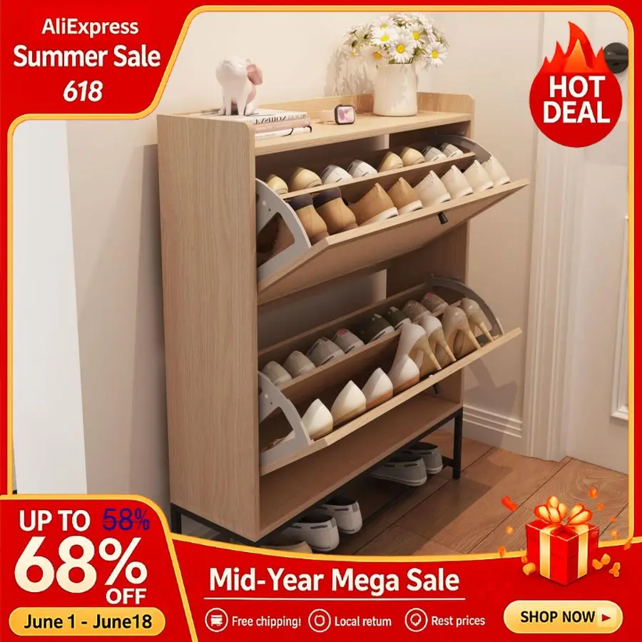 

Narrow Shoe Storage Cabinet for Entryway with 2 Flip Drawers, Freestanding Shoe Cabinet with Natural Linen Panel, S Customizable