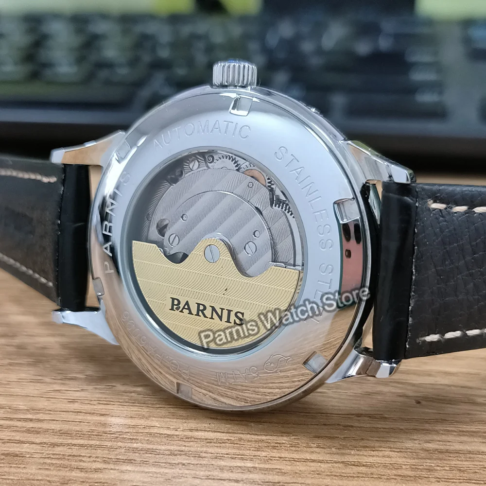 Parnis 42mm cassa d\'argento quadrante blu orologio meccanico automatico da uomo calendario di riserva di carica orologi sportivi da uomo