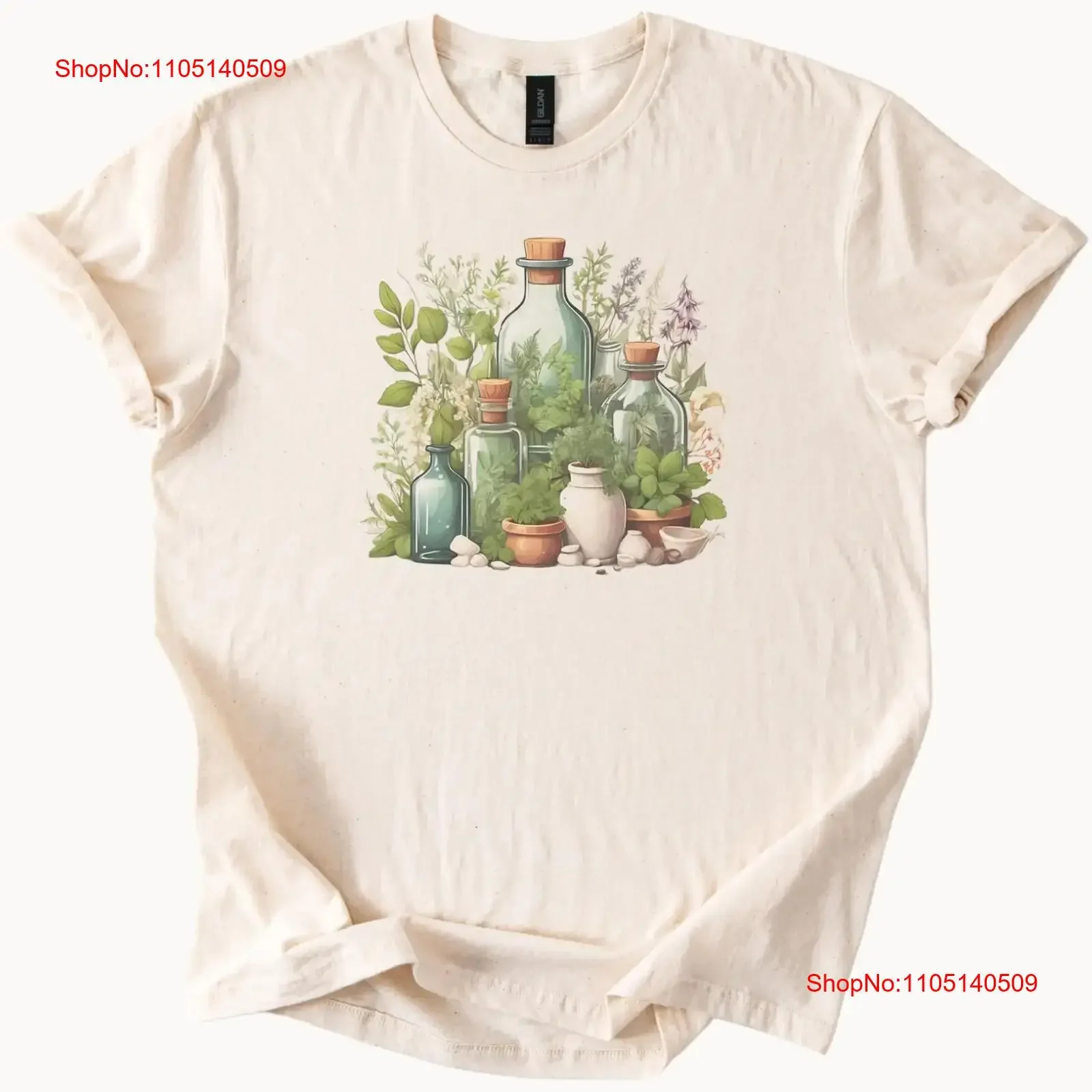 تي شيرت زجاجات نباتات عشبية من Cottagecore لمحبي الطبيعة النباتية عتيقة مغسولة عصرية قابلة للتنفس وممتدة ومريحة