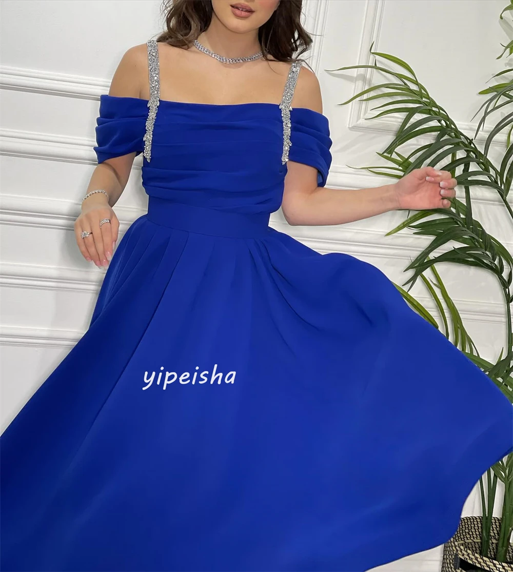 Jiayigong maglia squisita di alta qualità con paillettes drappeggiate Prom a-line Off-the-shoulder abito da sera su misura Midi dressevening