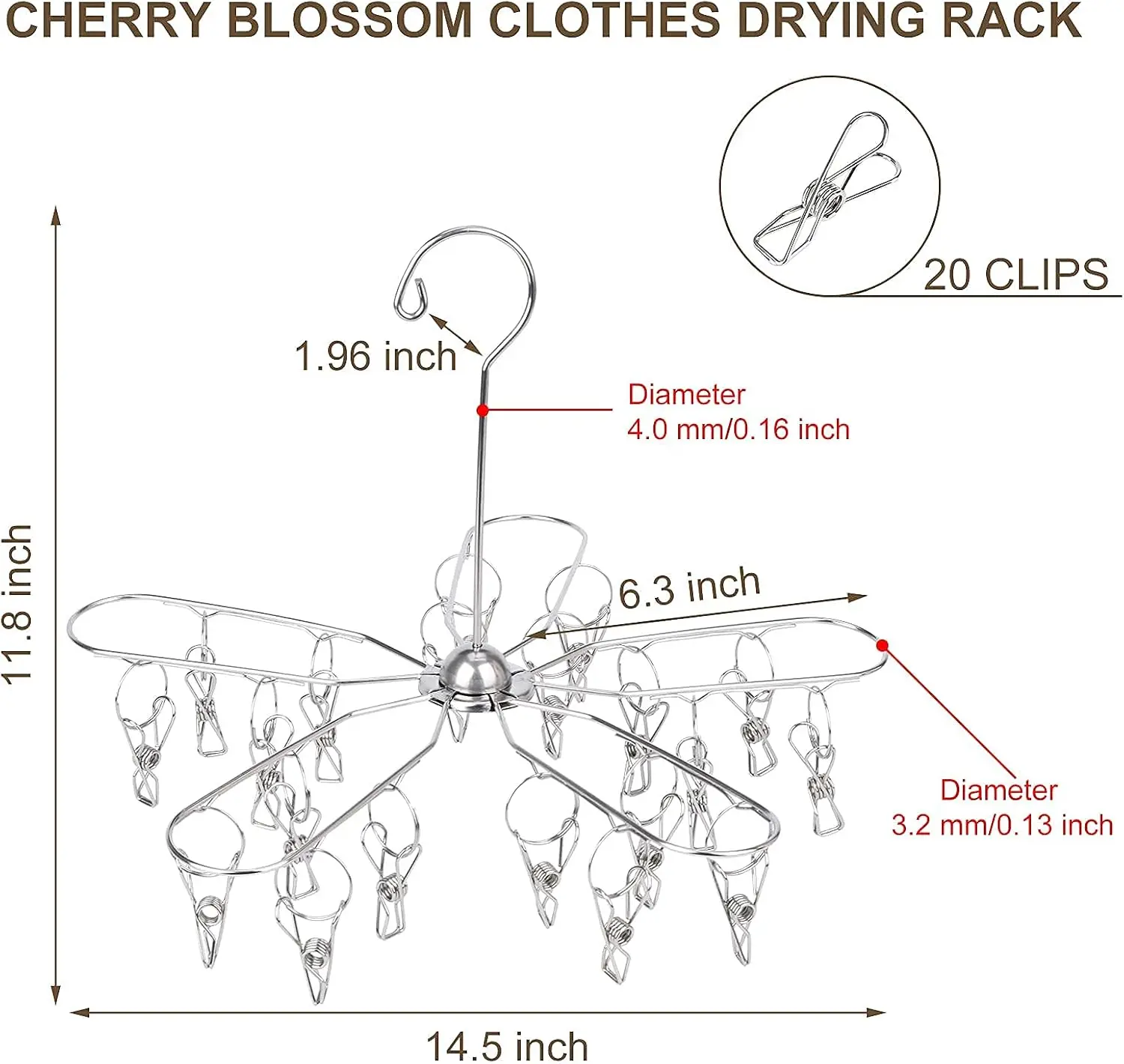 Picture 4: Foldable Clothes Drying Rack Stainless Steel Clothes Drying Hanger with 20 Clips, Laundry Hanging Dryer for Underwear, Sock, Bra