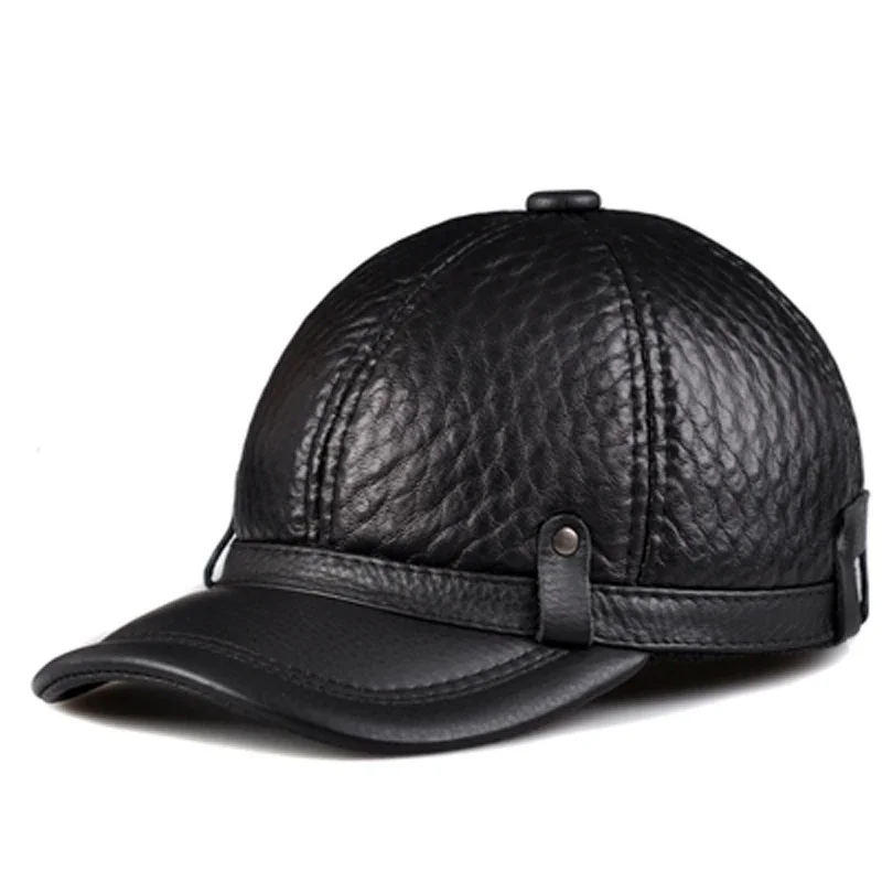 Hats For Man Spring/Winter Warm Genuine Leather Cowhide Head Protection Baseball Caps Black Plaid Embossing Adjustable