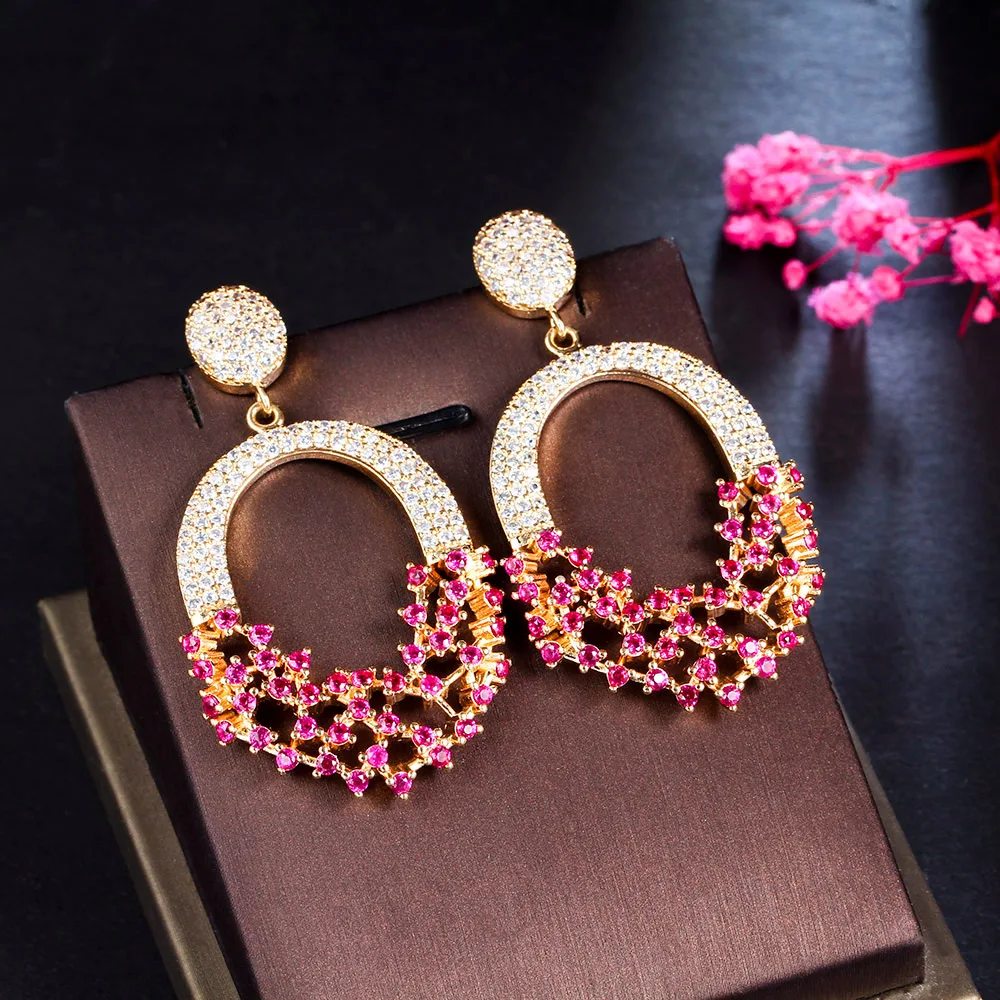 CWWZircons Charming Hot Pink Cubic Zirconia Big Chunky Yellow Gold Plated Dangle Drop Women Wedding Long Earring for Party CZ326