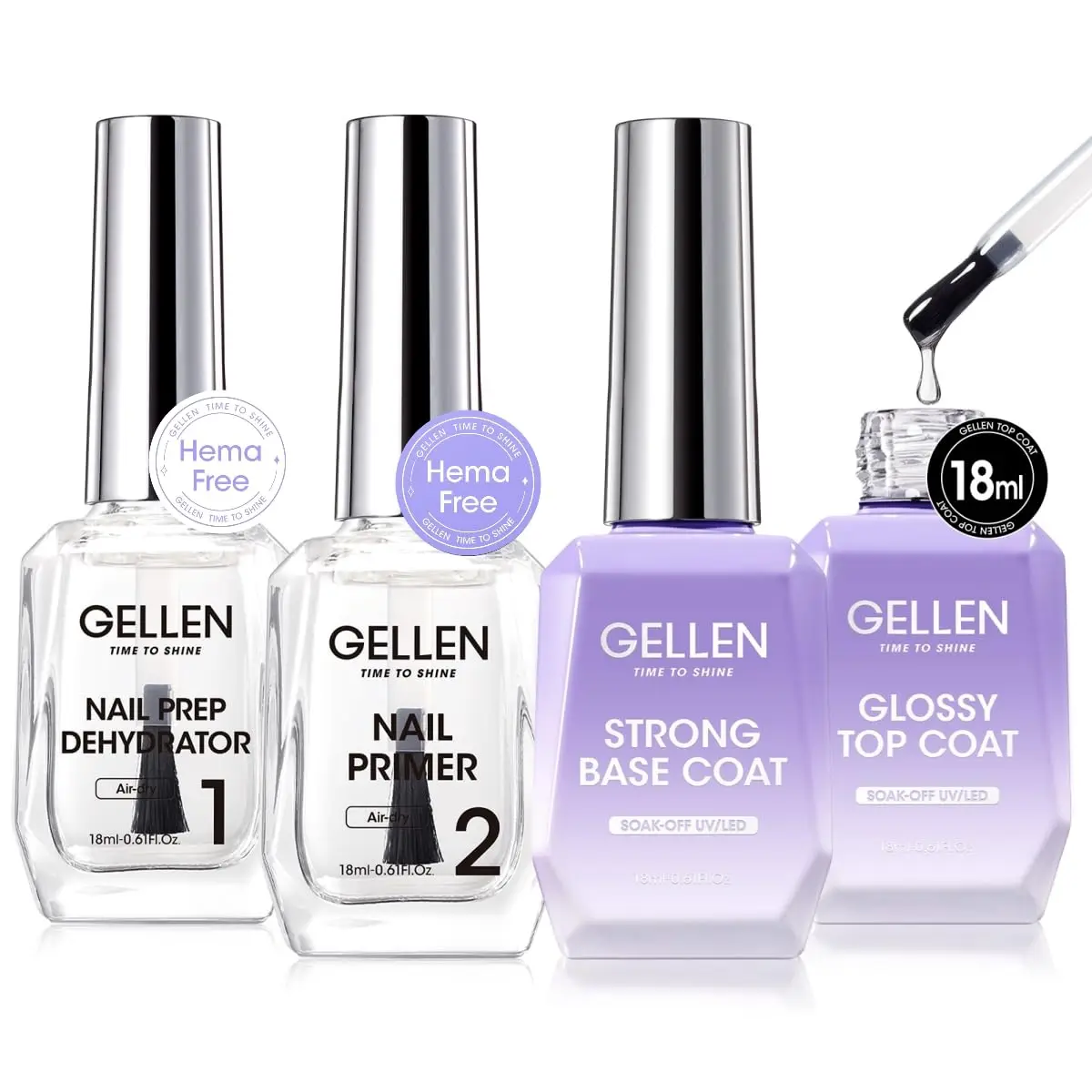 Gellen Nail Art Supplies Kit Completo 4pcs Conjunto Iniciante para Mulher Desidratador Primer Base Antibatcerial Gel Polonês Top Coat