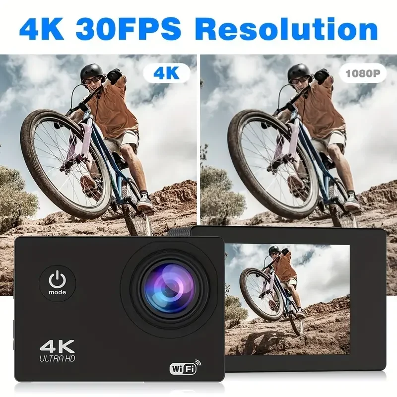 Ultra HD Action Camera with Video Recording, Waterproof Camera, Sports Camera, 4K, 30fps, WiFi, 2.0 \