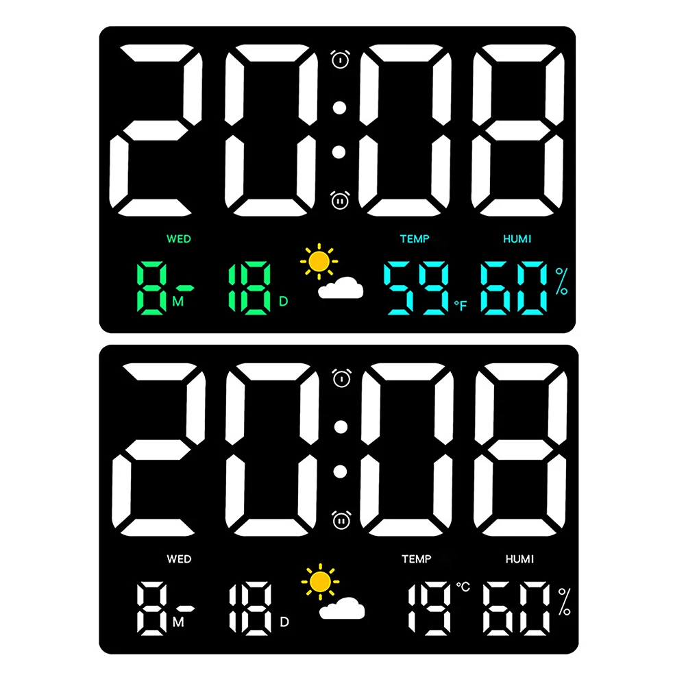 Reloj de pared Digital LED grande de 9,8 pulgadas, pantalla de temperatura y humedad, 4 niveles de brillo ajustable, reloj de pared con despertador