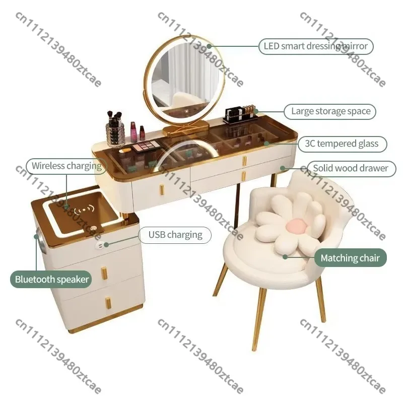 Nordic Multi Functional Makeup Dressing Table With Wireless Charging LED Light Bedroom Princess Cosmetic Vanity Dresser