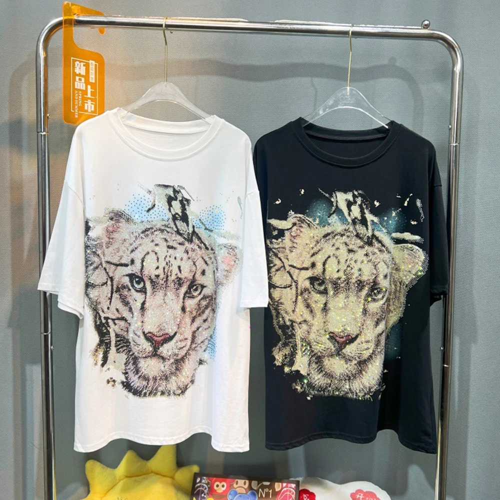 플러스 사이즈 티 동물 핫 다이아몬드 티셔츠 여성 반팔 라운드 넥 루즈 탑 트렌디