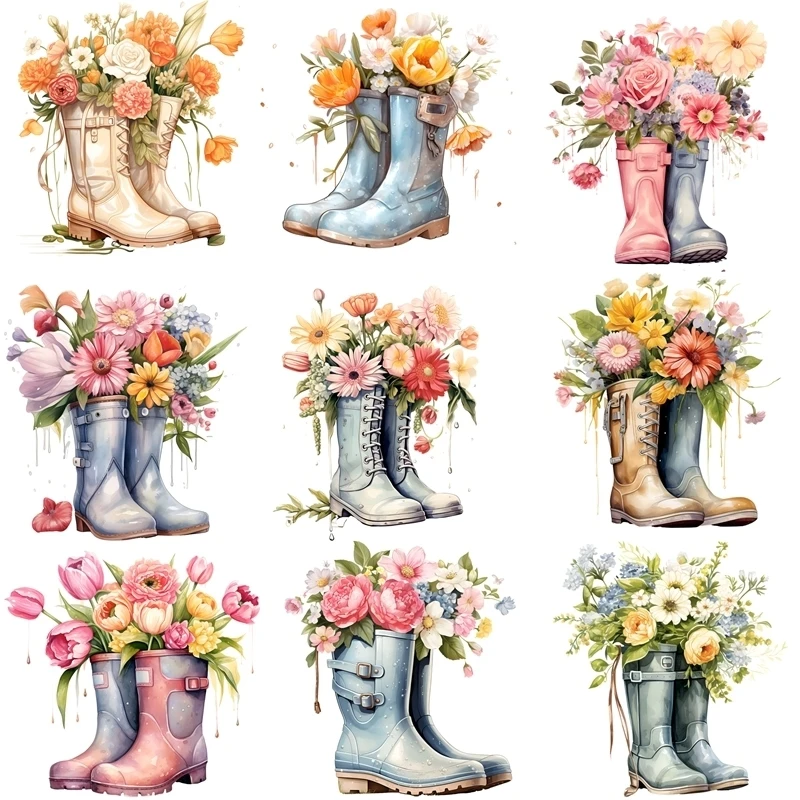 15CM Colors Iron-On Transfers Patches Cartoon Cute Romantic Flower Boots Diy Accessory Sticker Print On T-Shirt Clothes Stickers