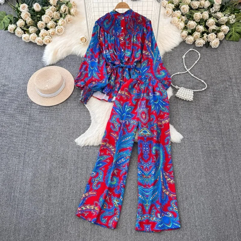 Fashionn Long Sleeve Loose Print Shirts Women+ High Waist Straight Wide Leg Pants  Summer New Two Piece Sets
