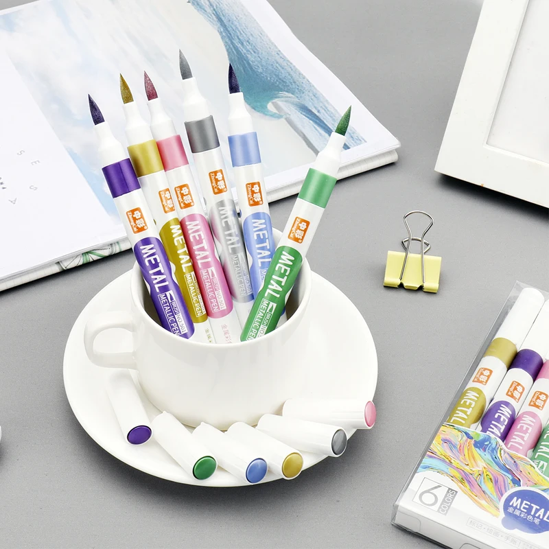 6 Colors Metallic Marker Pen Medium Point Metallic Markers for Rock Painting Black Paper Card Making Scrapbooking Crafts