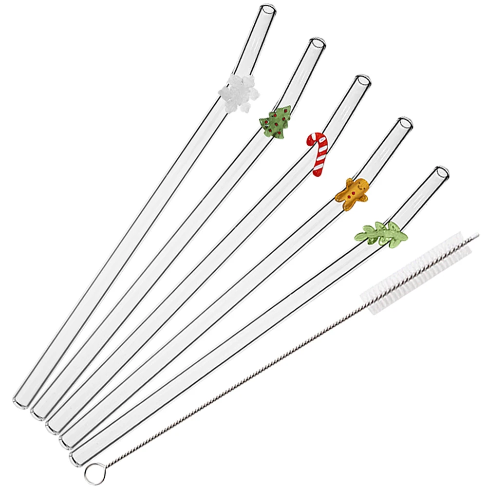 6Pcs Christmas High Borosilicate Glass Straws Reusable Drinking Straw Set with Brush for Smoothies Tea Juice Bar Accessories