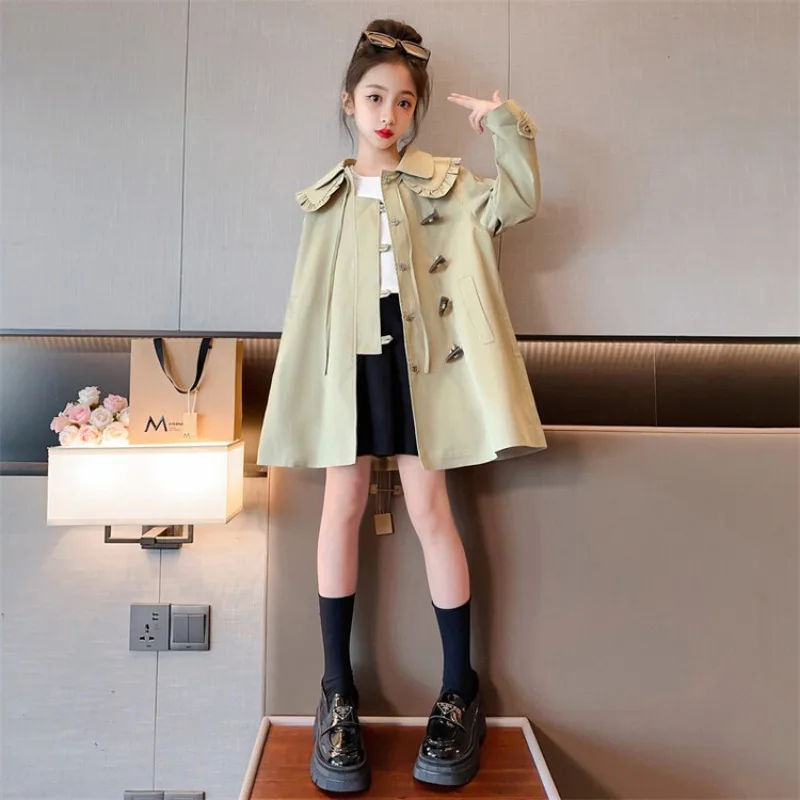 

2023 Spring Autumn New Arrival Fashion Korean Style Girls Trench Coat Children's Outerwear Long Windbreak Jacket For Girls 6-15Y