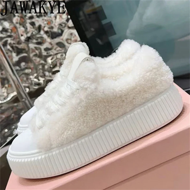 2024 Winter Thick Sole Hairy Fur Flat Shoes Women Brand Round Toe Lace Up Plush Sneakers Casual Warm Wool Platform Shoes Female