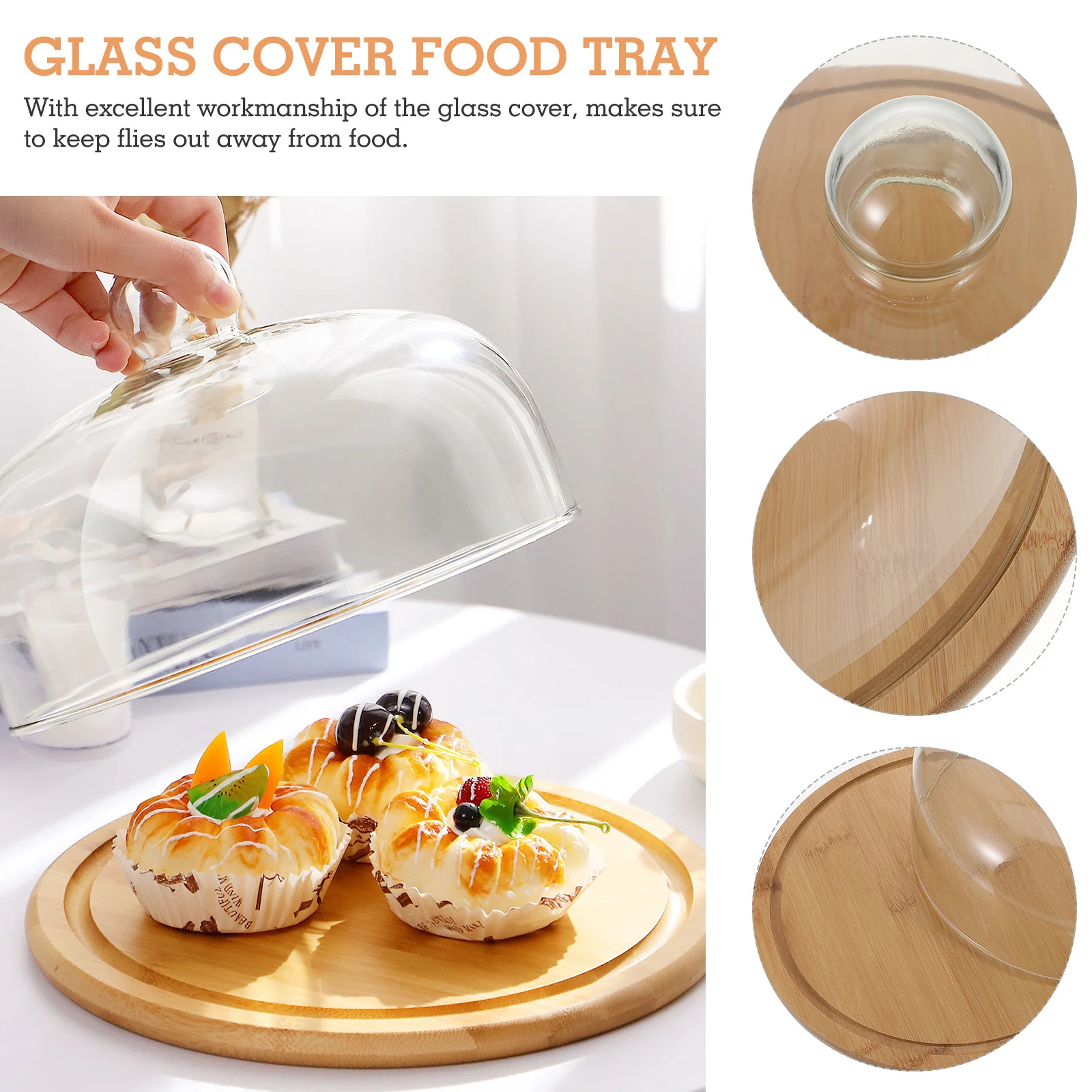 

1Set Transparent Glass Cover Food Tray Premium Cake Cover Kit with Bamboo Wood Base for Kitchen Decoration