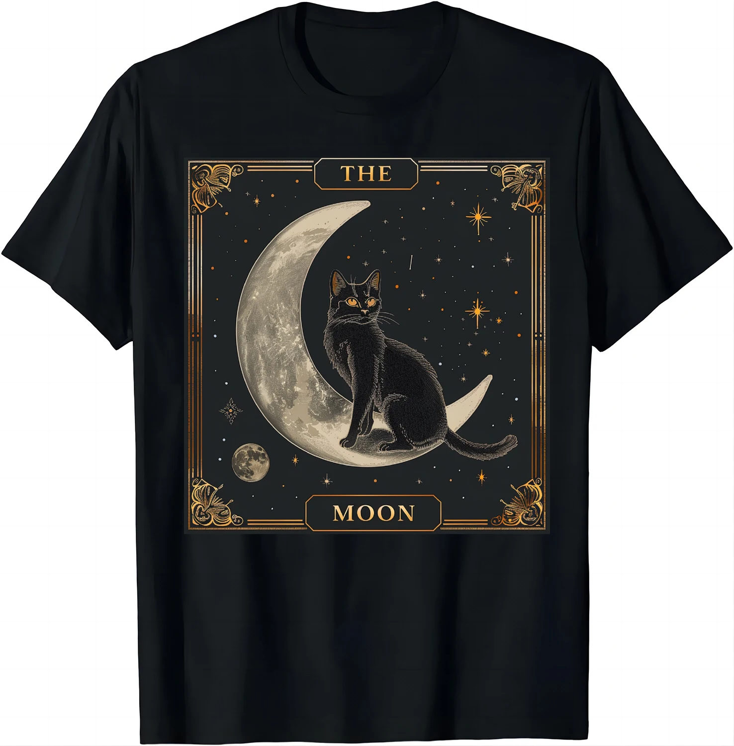 Mens Fashion Black Shirt - Tarot Card Crescent Moon Black Cat