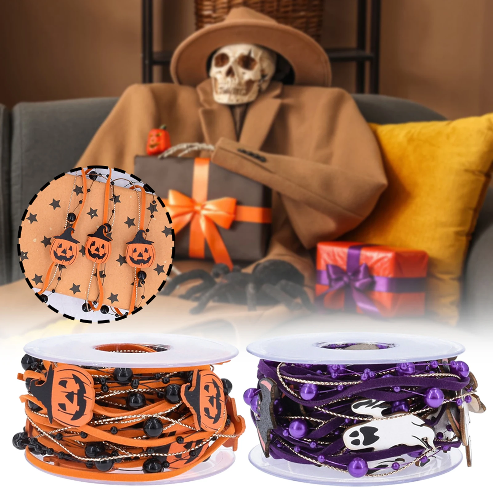 5m/Roll Ribbons Halloween Hanging Banner Garland Bunting Pumpkins Ghost Banner Door Hanging Ornaments Halloween Xmas Party Decor