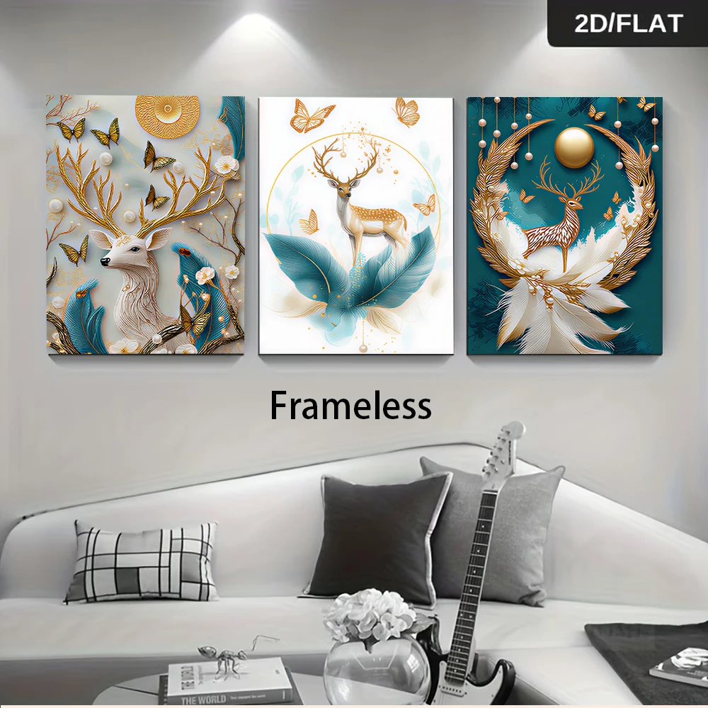 3PCS Frameless(2D flat.)1 set of three-panel deer decorative paintings for sofa background wall, frameless 2D flat design