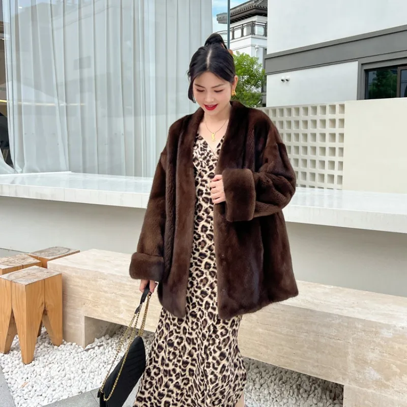 

2023 New Fashion Fur Coat 100% Real Natural Mink Whole Fur Women Jacket Mid-length Winter Thick Warm Female Mink Fur Jacket