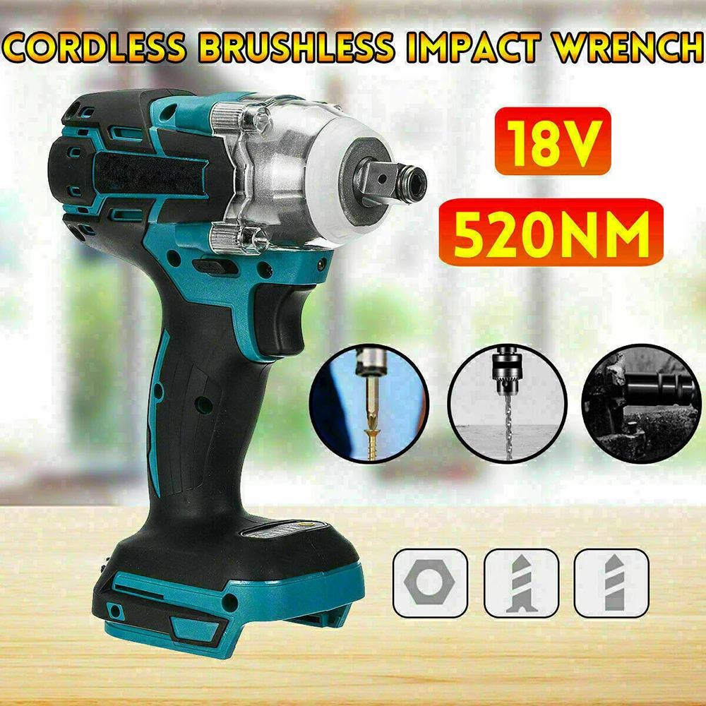 18V 520Nm Brushless Cordless Electric Impact Wrench Rechargeable 1/2 inch Wrench Power Tools Compatible for Makita 18V Battery