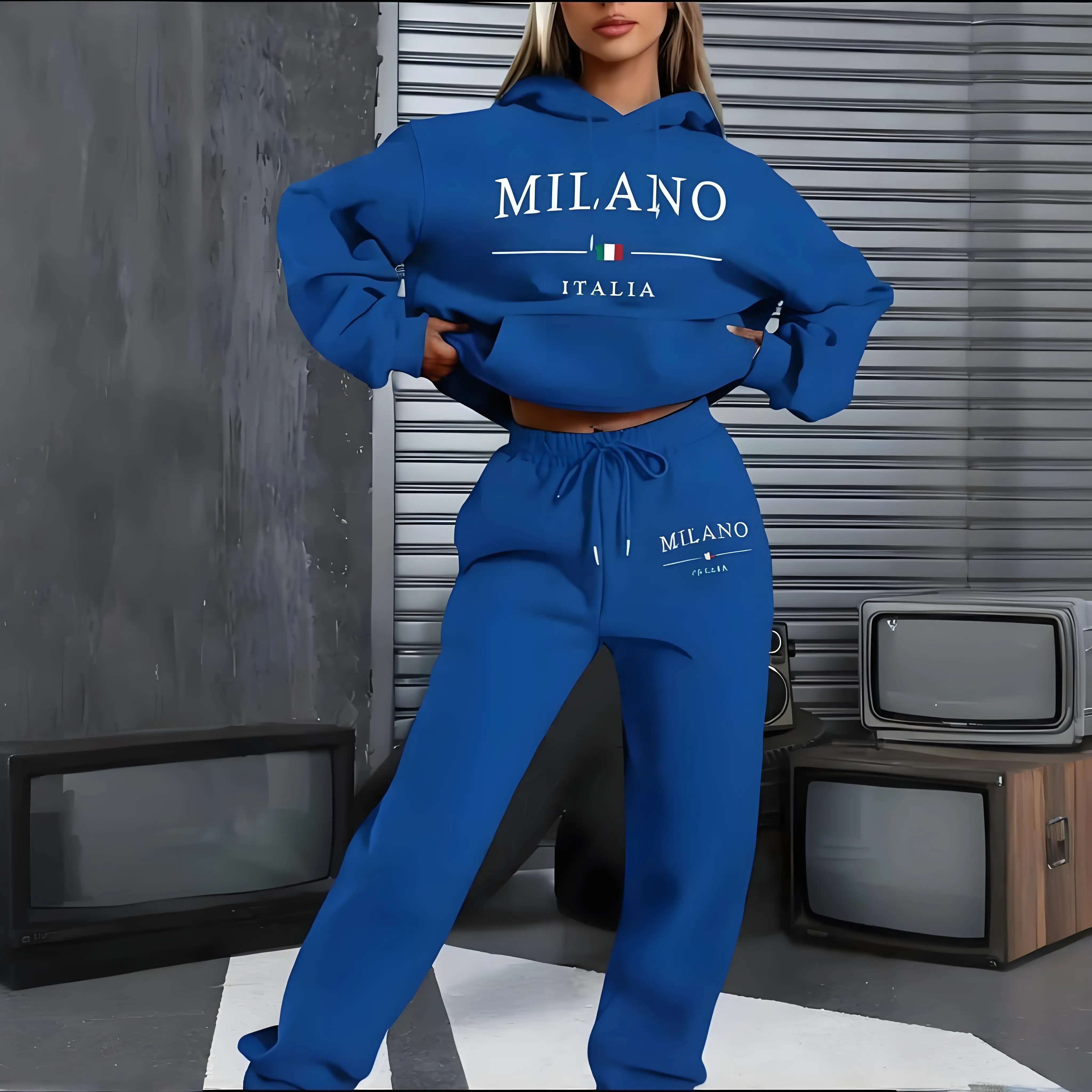 Hot women\'s 2-piece Milano print sports suit sportswear jogging suit women\'s hooded sportswear suit clothes hoodie+sweatpants