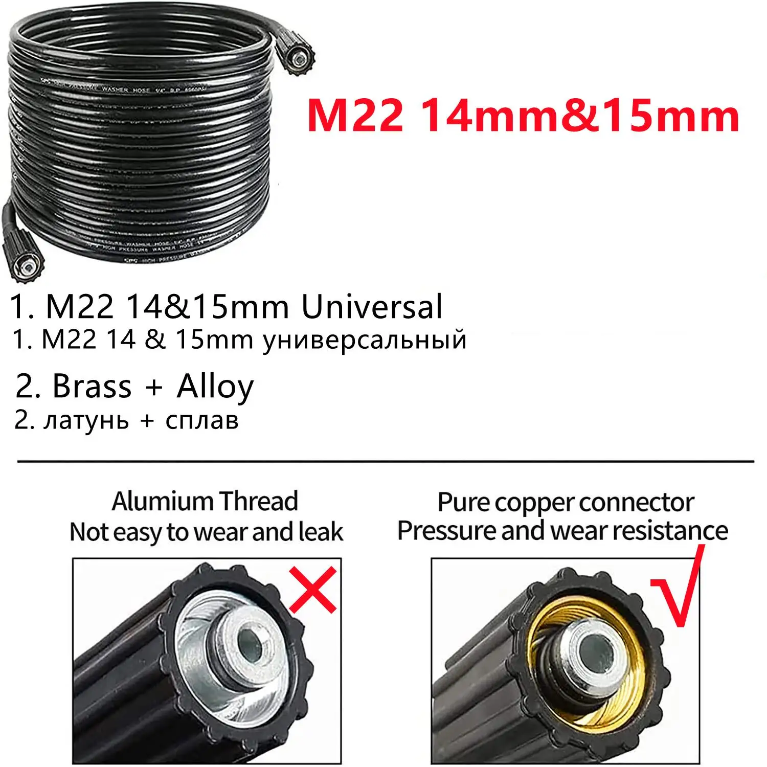 5800 PSI High Pressure Washer Hose With M22 14mm 15mm Universal Swivel Fitting Connector