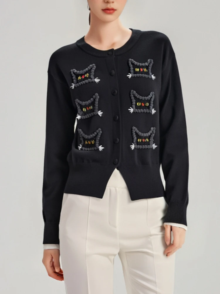 Cat-motif Cardigan Embroidered Cartoon Pattern Sweater Jacket Crew Neck Long Sleeve Knitwear Autumn/Winter Women Outerwear