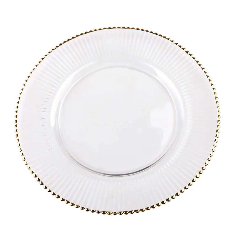 Golden Stroke Glass Plate Transparent Stripe Embossed Decorative Home Fruit Salad Plates Western Restaurant Table Top Steak Dish