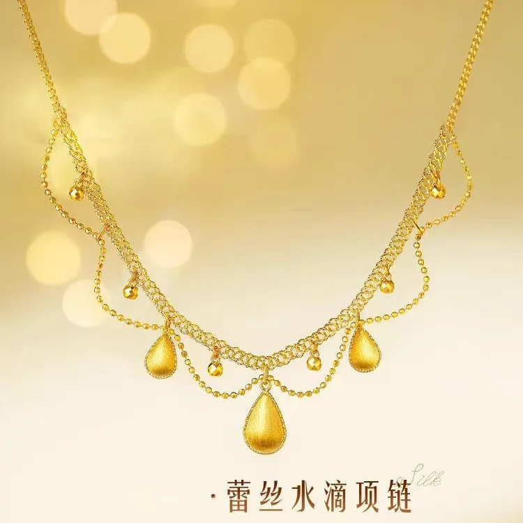 

9999 24K Real Gold Silk Lace Water Drop Necklace for Women with Retro Brushed Craftsmanship Sparkling and Bead Silk Tassel Chain