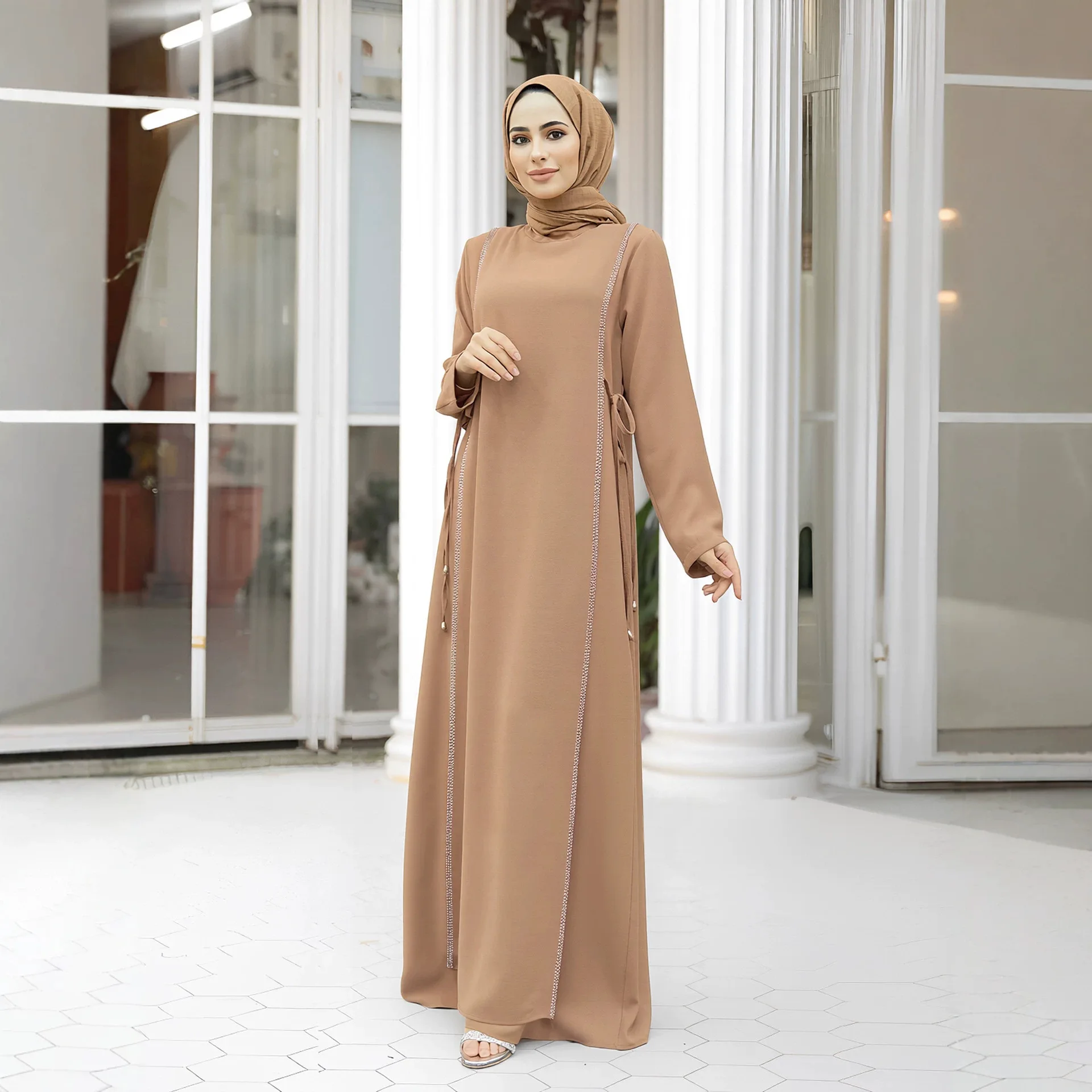 Ramadan Diamonds Abaya Dress Lace Up Waist Maxi Party Dresses Dubai Kaftan Muslim Robe Femme Musulmane Vestidos Islam Jalabiya