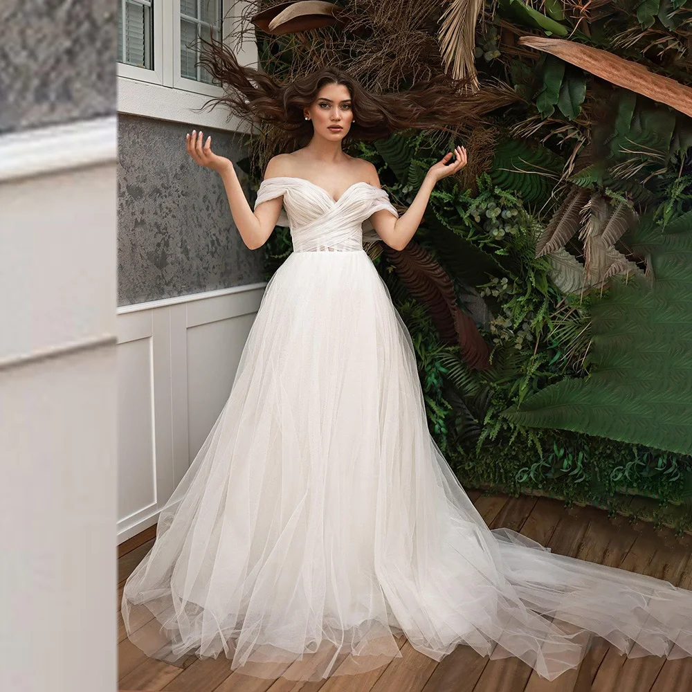 

Classic Off the Shouler Tulle Crisscross Wedding Dress for Women A-line Court Puffy Lace up Wedding Gown vestidos de novia