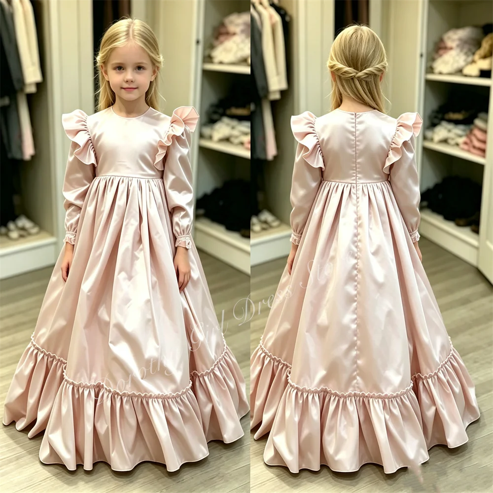 Delicate Girl Pink Party Dress with Fluffy High-quality Satin Suitable for Children's Birthday Parties Can Be Customized