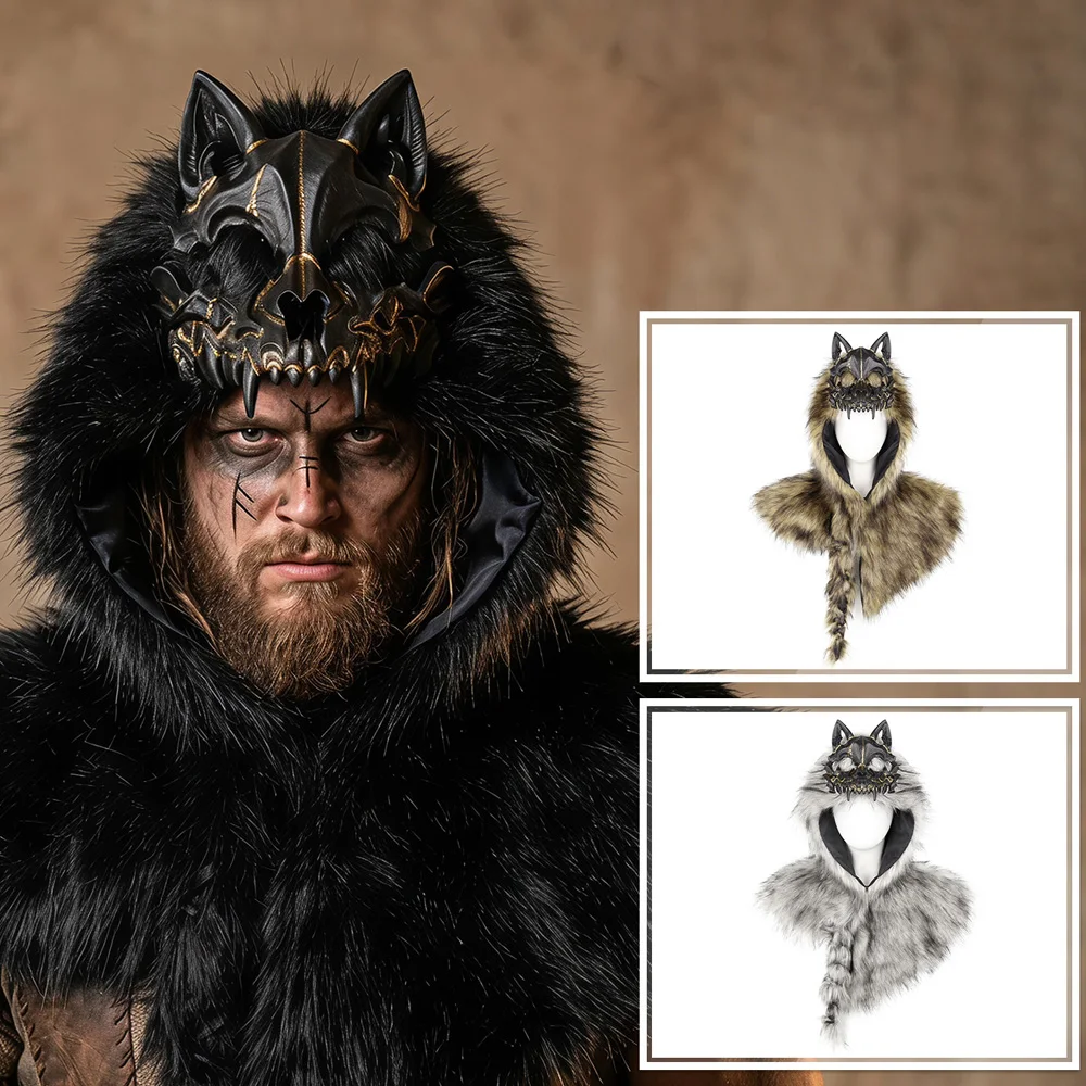 Beast Wolf Skull Hooded Shoulder Wrap Costume Cosplay Warrior Werewolf Cape Scarf Halloween Carnival Party Costumes Props