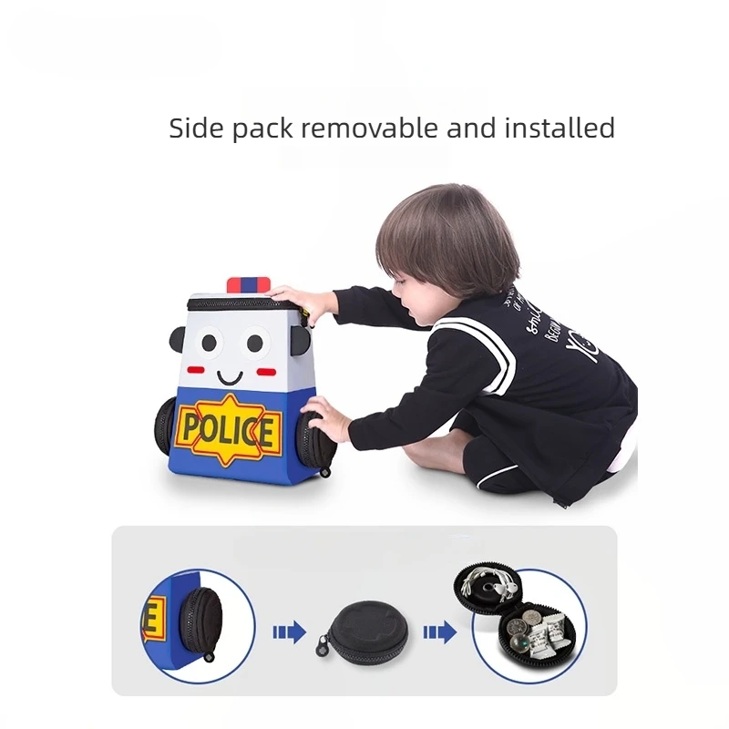 حقيبة ظهر سيارة الشرطة بعجلة جانبية قابلة للإزالة للأطفال حقائب مدرسية لرياض الأطفال للأطفال الصغار من عمر 1 إلى 3 سنوات حقيبة سفر هدية
