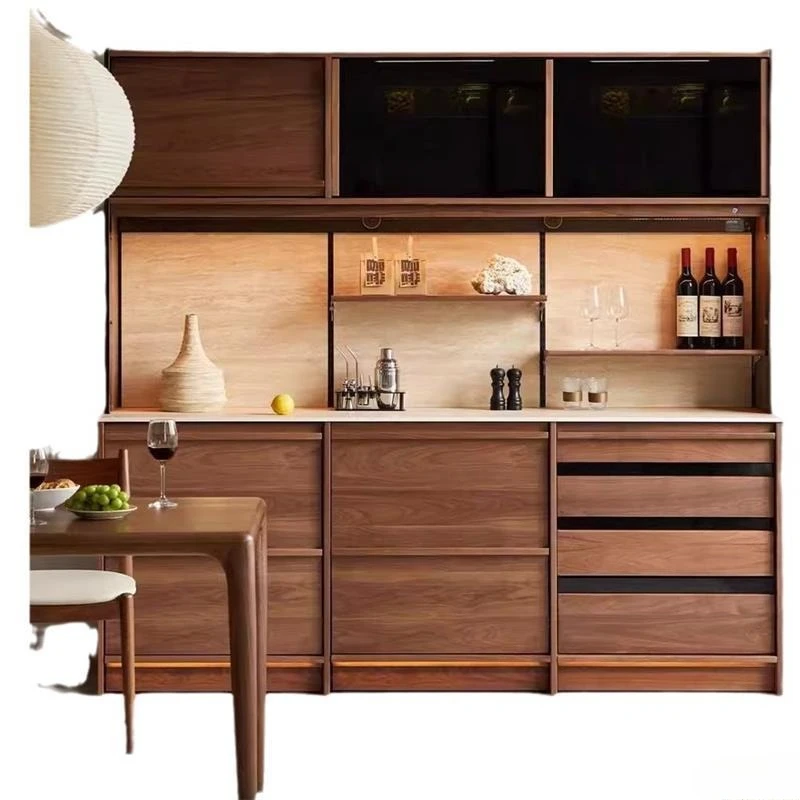 Solid wood slate dining side cabinet, cabinet storage, tea, black walnut restaurant, integrated storage against the wall