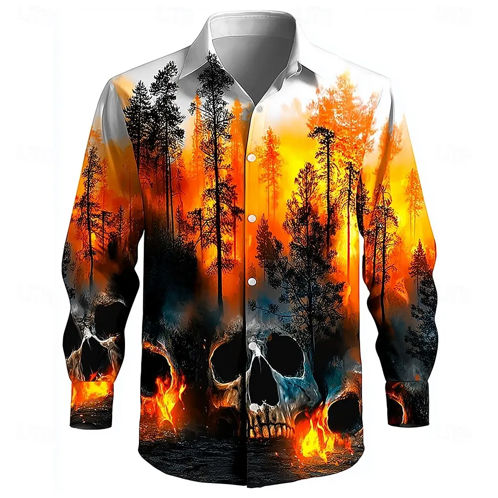 Men's Gothic Style Shirts 3D Print Skull Graphic Long Sleeve Tops Autumn Fashion Casual Lapel Button Clothes Halloween Theme Top
