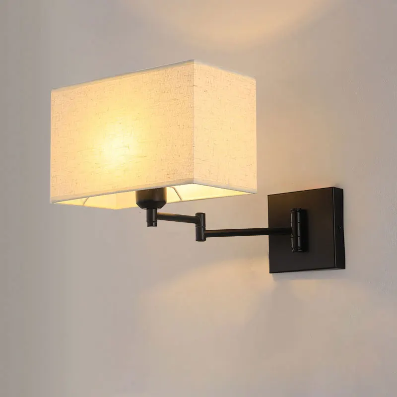 European Room Wall Lamp Iron Folding Swing Arm Bedroom Bedside Lamp Modern Minimalist Hotel Study Fabric Reading Lighting