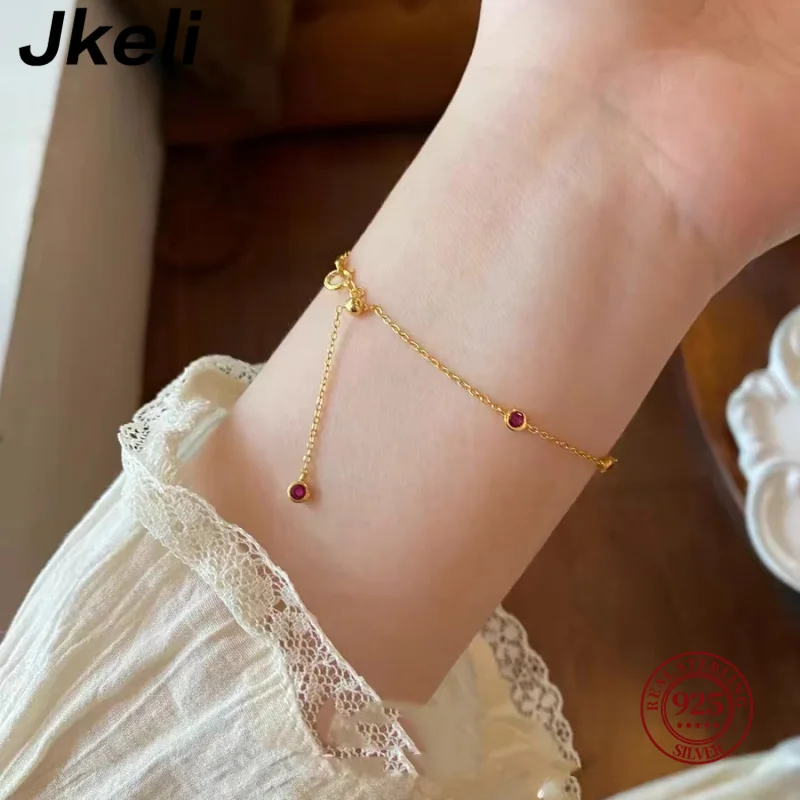 Imagen 5: Jkeli-Mini pulsera de plata de ley 925 para mujer, brazalete de cadena exquisita de lujo, cuatro redondos, rubí, circón, nicho de moda
