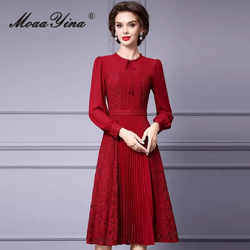 MoaaYina Autumn Winter Women\'s Dress Long-Sleeved Chic Lace Splicing High Waiste High Waiste Vintage Temperament Dresse