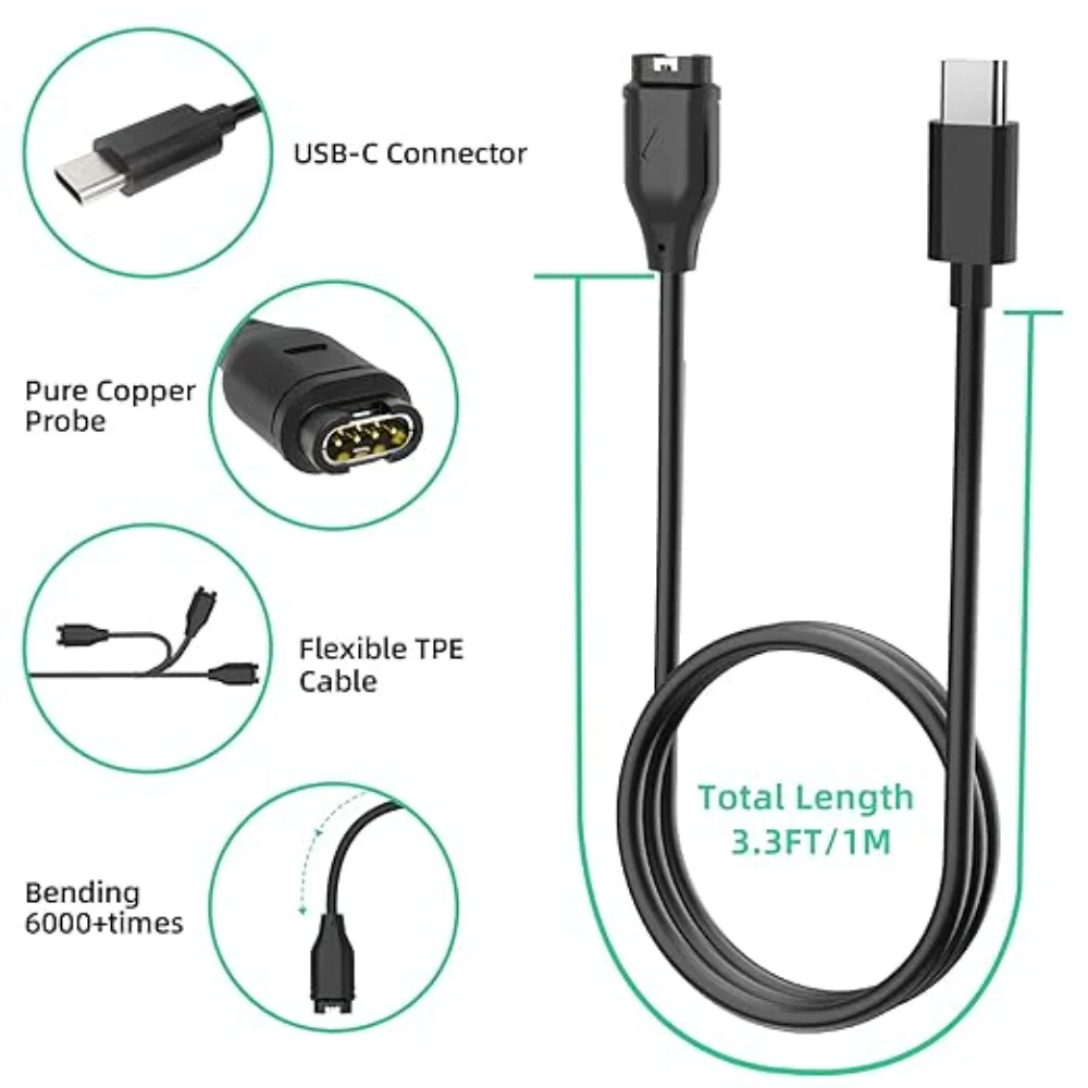 ل Garmin Fenix 8 5X Plus 6 Pro7 غريزة E 1 2S شاحن USB-C شاحن Smartwatch كابل الشاحن استبدال شاحن 3.3ft