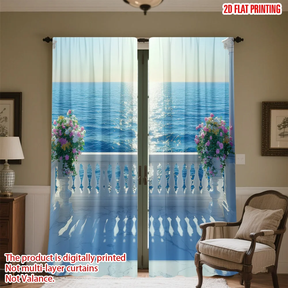

2D flat printing 2pcs Window Curtains Ocean View Balcony Digital Printed Polyester Drapes Festive Curtains for Indoor