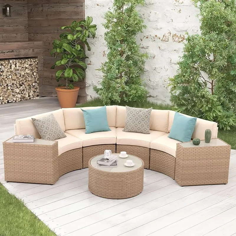 

Garden Furniture Sets, 7-Piece Wicker Half-Moon Sectional Sofa Set With Round Coffee Table Outdoor Lounge Balcony Furniture