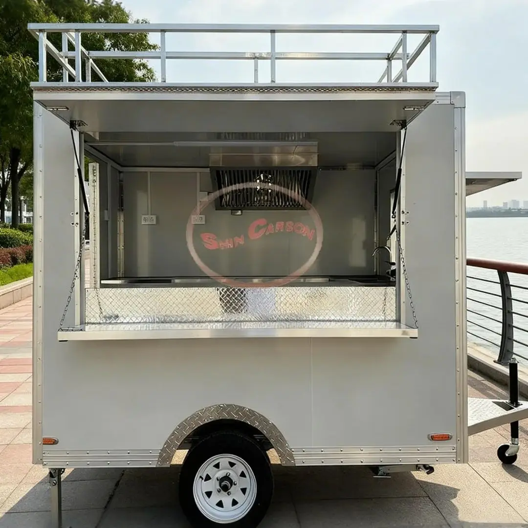 White Multifunctional Compact Catering Cart, Stylish Towed, Outdoor Mobile Food Trailer for Business