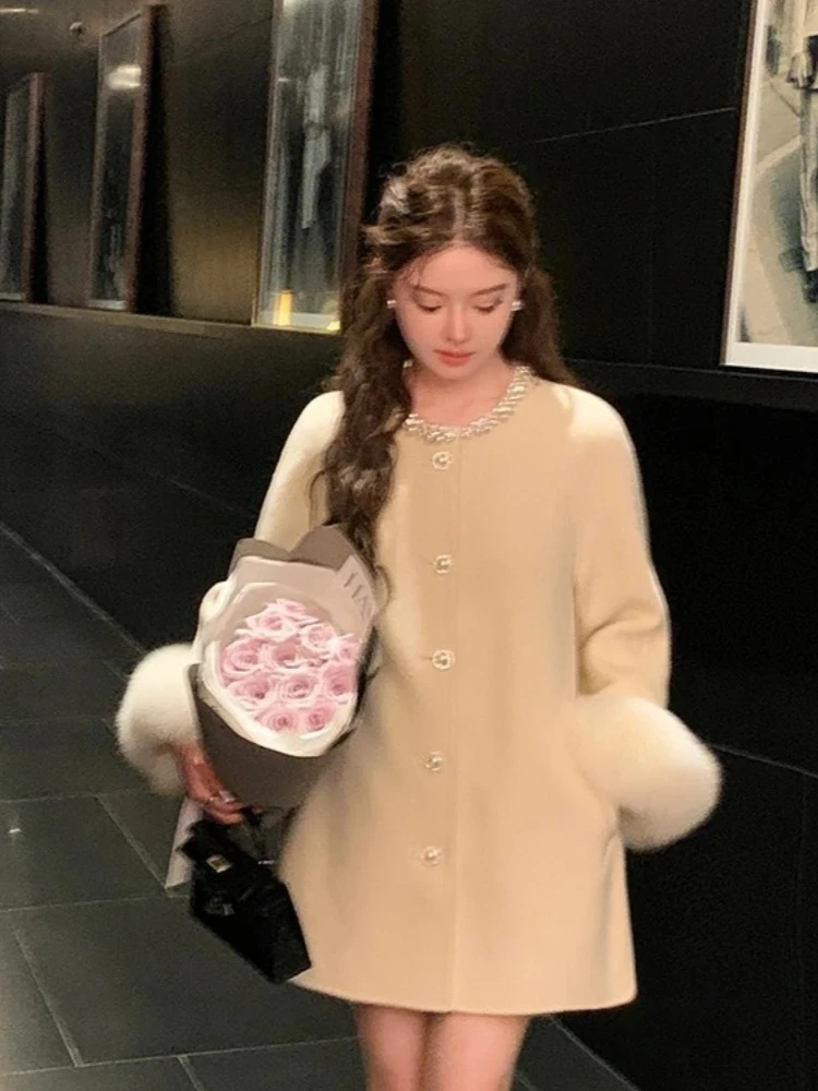 2025 nouvelle mode hiver automne vêtements femmes mi-longue véritable fourrure de renard manchette laine mélanges veste chaud perle cachemire laine manteau