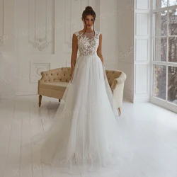 Generous A Line Women's Wedding Dresses Lace Appliques Customized Bride Gowns Simple O Neck Sleeveless Button Vestido De Noivas