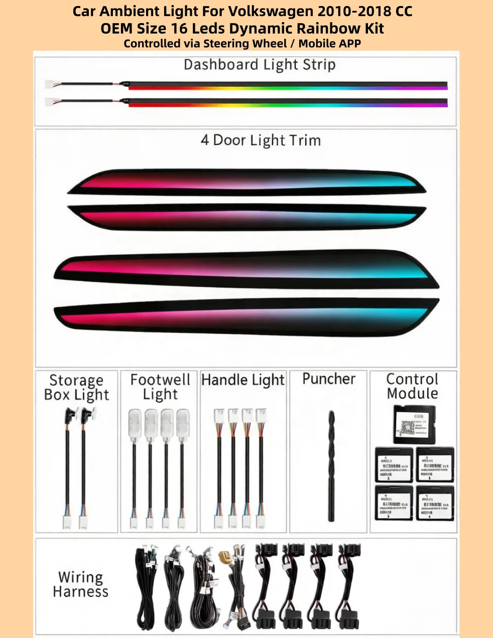 2013-2018 Mid Size Sedan 64 Color Symphony Ambient Light LED Interior Trim Easy Installation Upgrade Kit