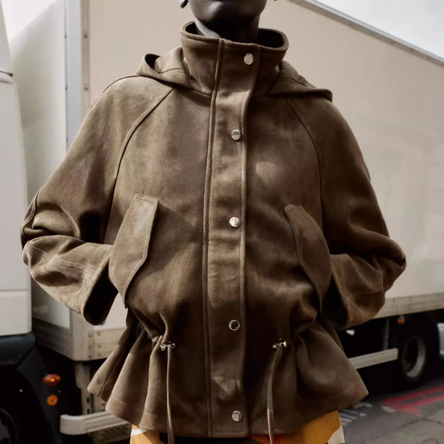 Z Damen-Jet-Mantel mit Stehkragen, Wildlederimitat und Kapuze, europäischer Stil, Stehkragen, lang, Sve Ort-Länge, Knopfleiste...