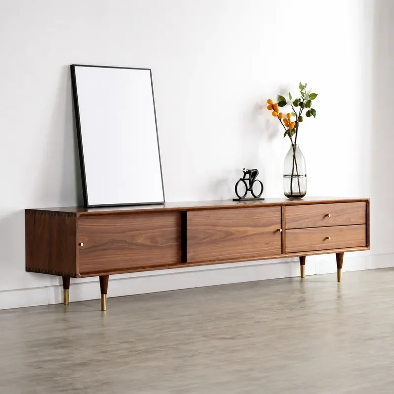 Solid Wood Black Walnut TV Cabinet Nordic Modern Simple Living Room Cherry White Oak Floor Stand Audio Visual Storage Console
