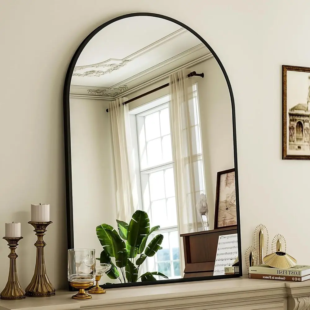 24x36 Arch-Shaped Wall Vanity Mirror with Black Metal Frame for Bathroom, Bedroom, and Living Room